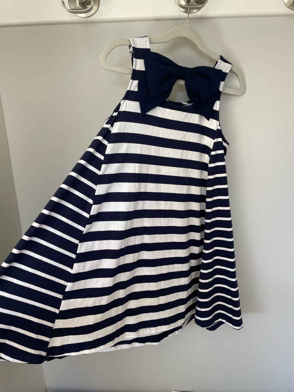 Tommy Bahama Navy & White Striped Girls Dress W Gold Sequin Seahorse & Hair Bow - Picture 7 of 10
